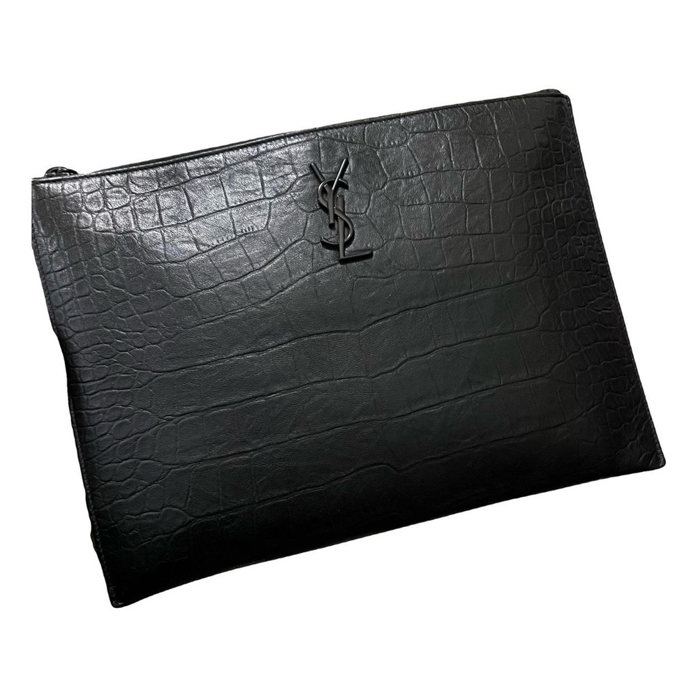 Saint Laurent Classic Monogram Zip Pouch Crocodile Embossed Leather Medium Black